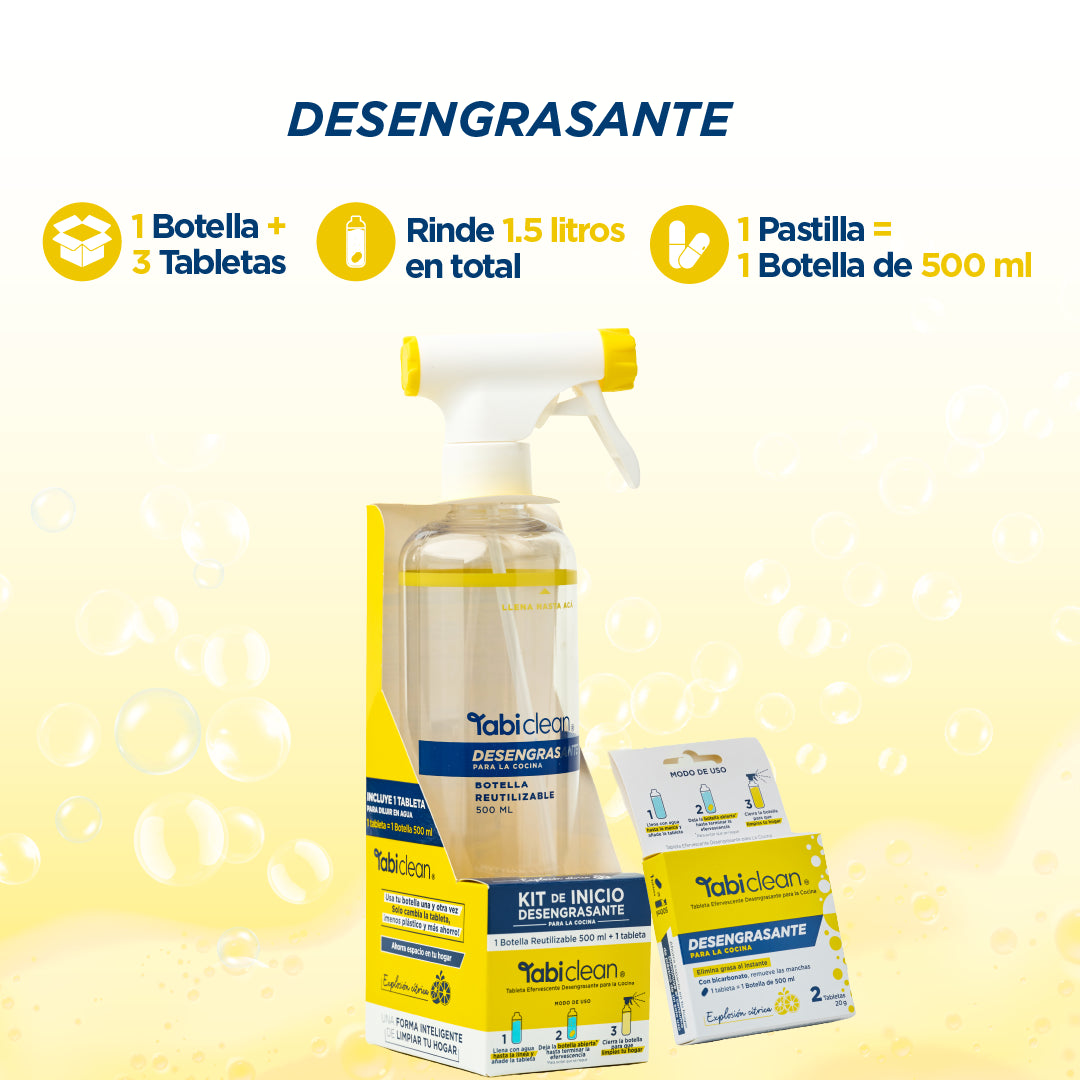 Combo Desengrasante de Cocina: 1 botella reutilizable de 500ml + 3 tabletas que rinden 1.5 litros