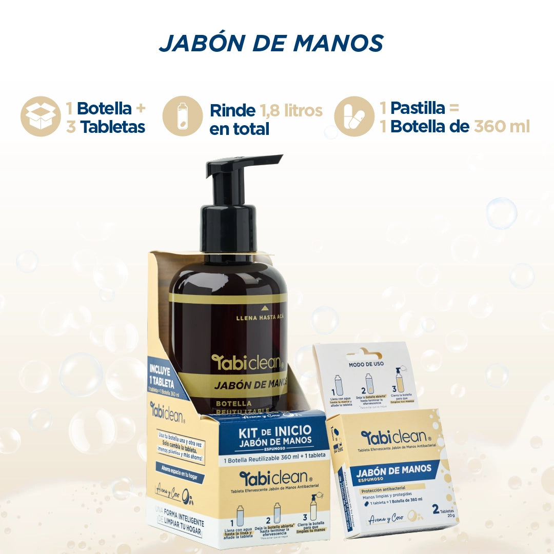 Combo Jabón de Manos Espumoso: 1 botella reutilizable de 360ml + 3 tabletas que rinden 1 litro