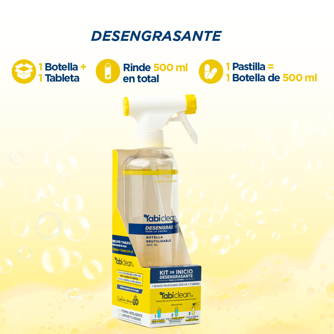 Kit Inicio Desengrasante de Cocina: 1 botella reutilizable + 1 tableta rinde 500 ml para cocina brillante