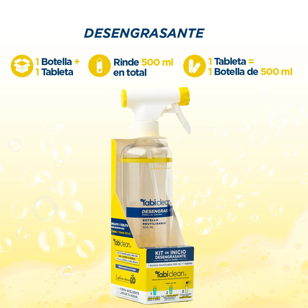 Kit Inicio Desengrasante: 1 botella reutilizable + 1 tableta rinde 500 ml