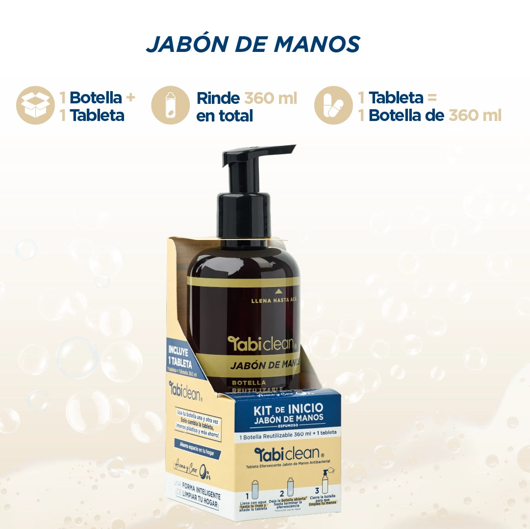 Kit Inicio Jabón de Manos: 1 botella reutilizable + 1 tableta rinde 360 ml