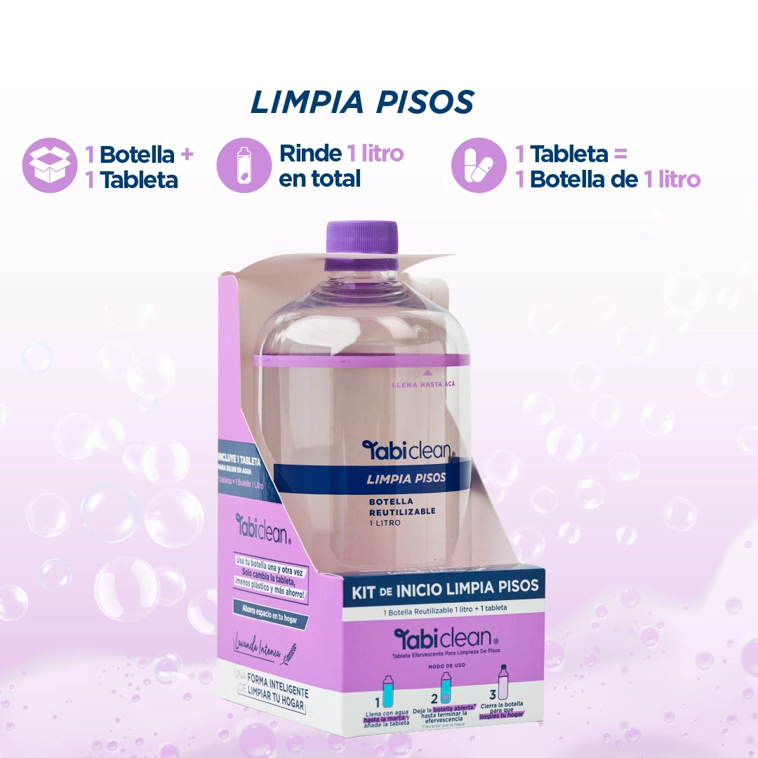 Kit Inicio Limpia Pisos: 1 botella reutilizable + 1 tableta rinde 1 litro