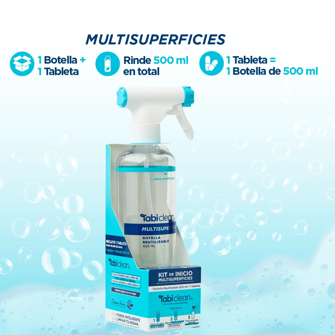 Kit Inicio Multisuperficies: 1 botella reutilizable + 1 tableta rinde 500 ml