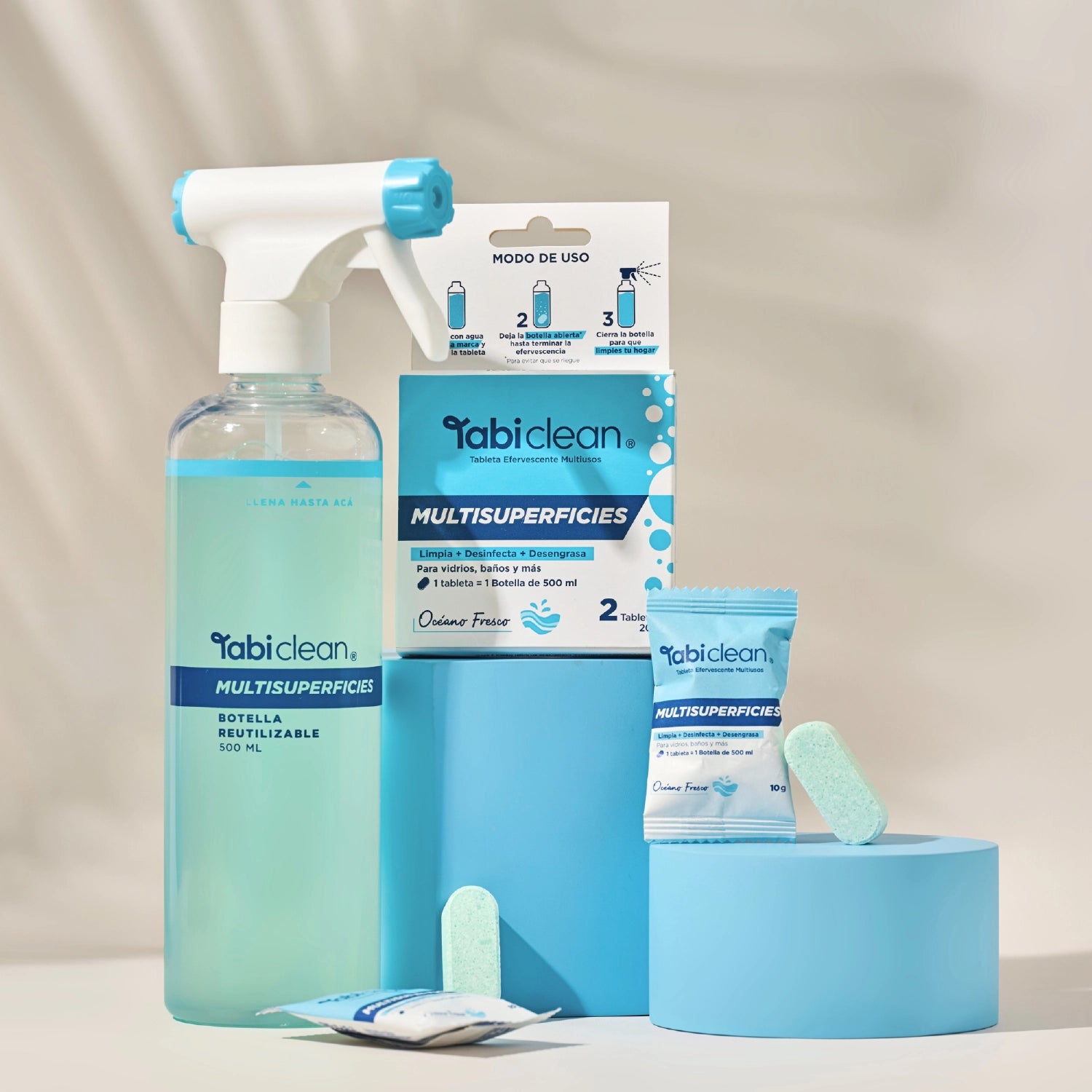 Combo Multisuperficies: 1 botella reutilizable de 500ml + 3 tabletas que rinden 1.5 litros
