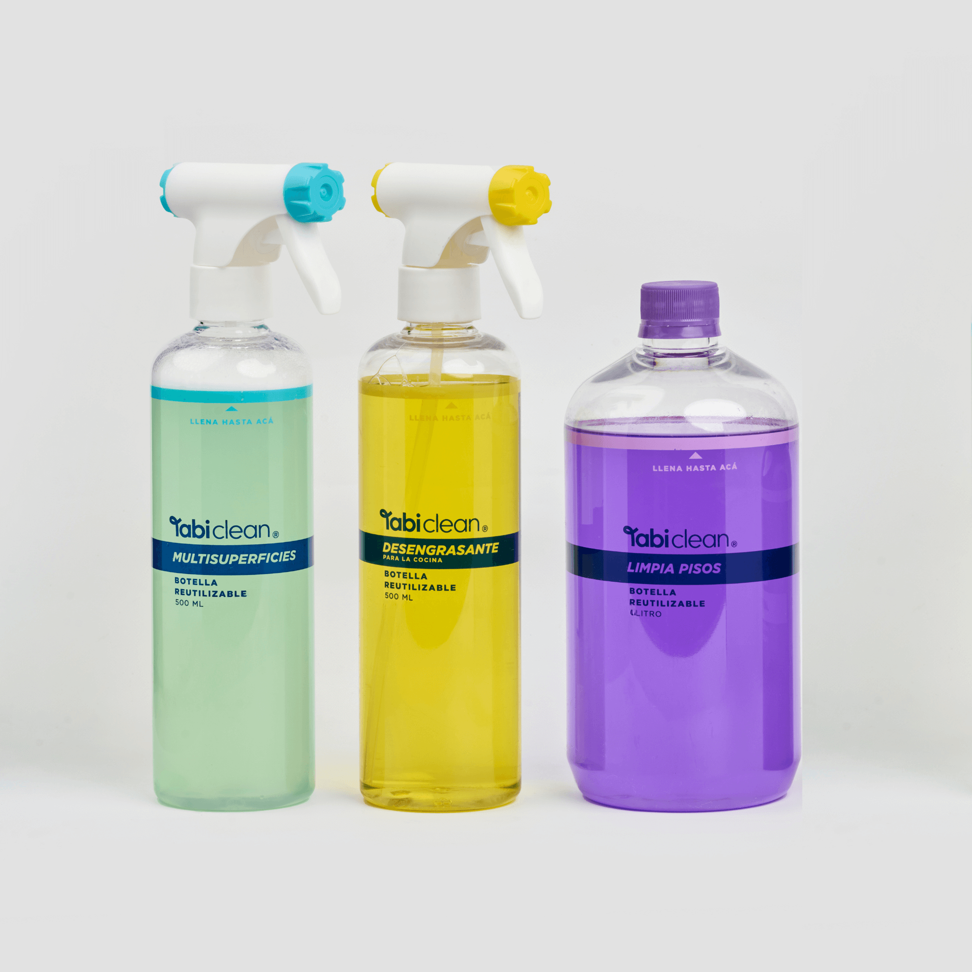 Combo Casa Limpia con tres botellas reutilizables y tabletas para desengrasante, multisuperficies y pisos